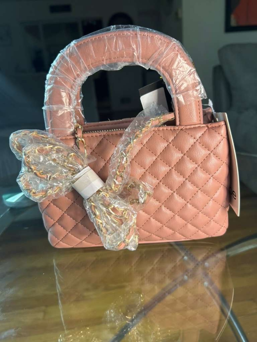 bebe Quilted Mini Top-Handle Bag in Dusty Rose